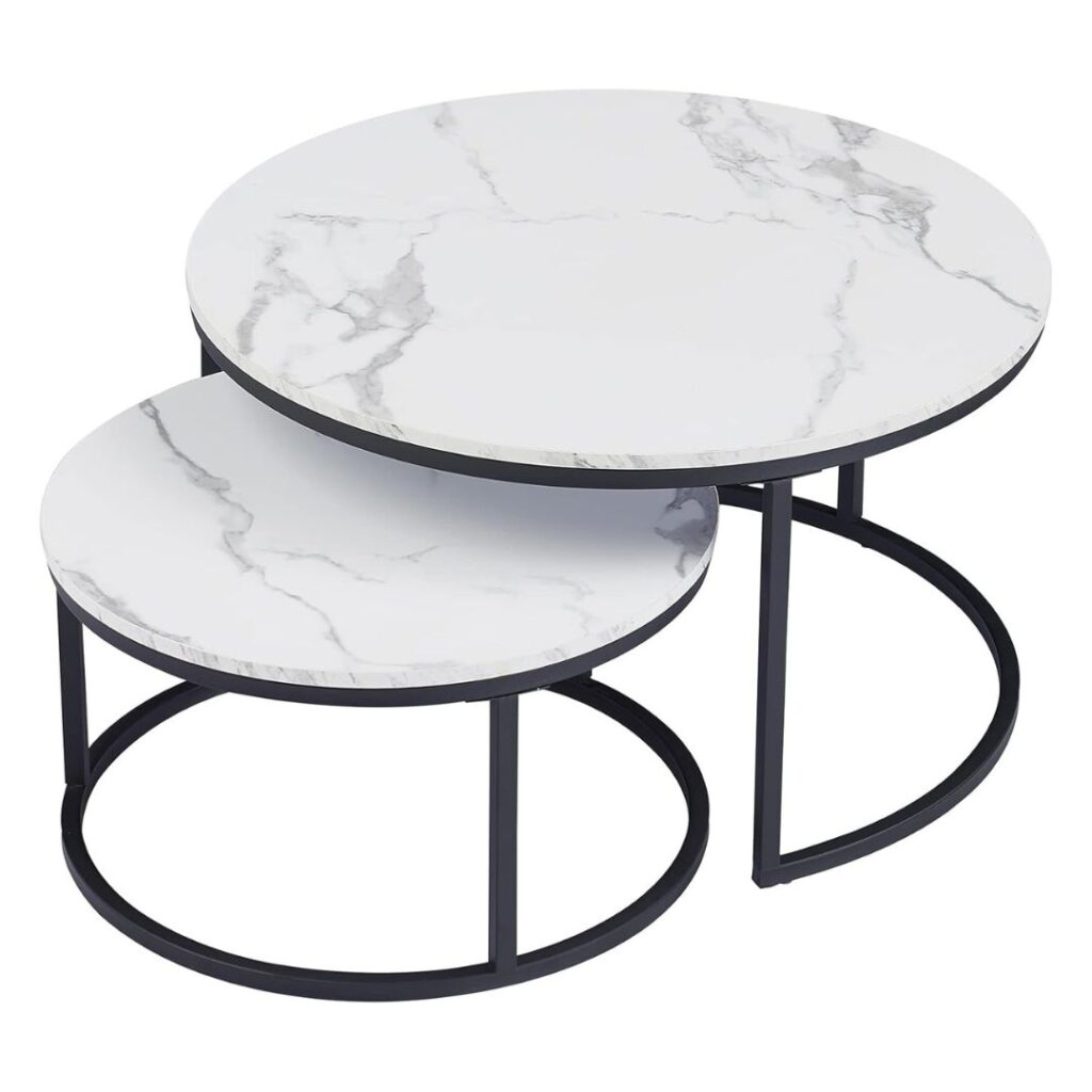 Modern Nesting Coffee Table Faux Marble Small Round White Durable Stackable