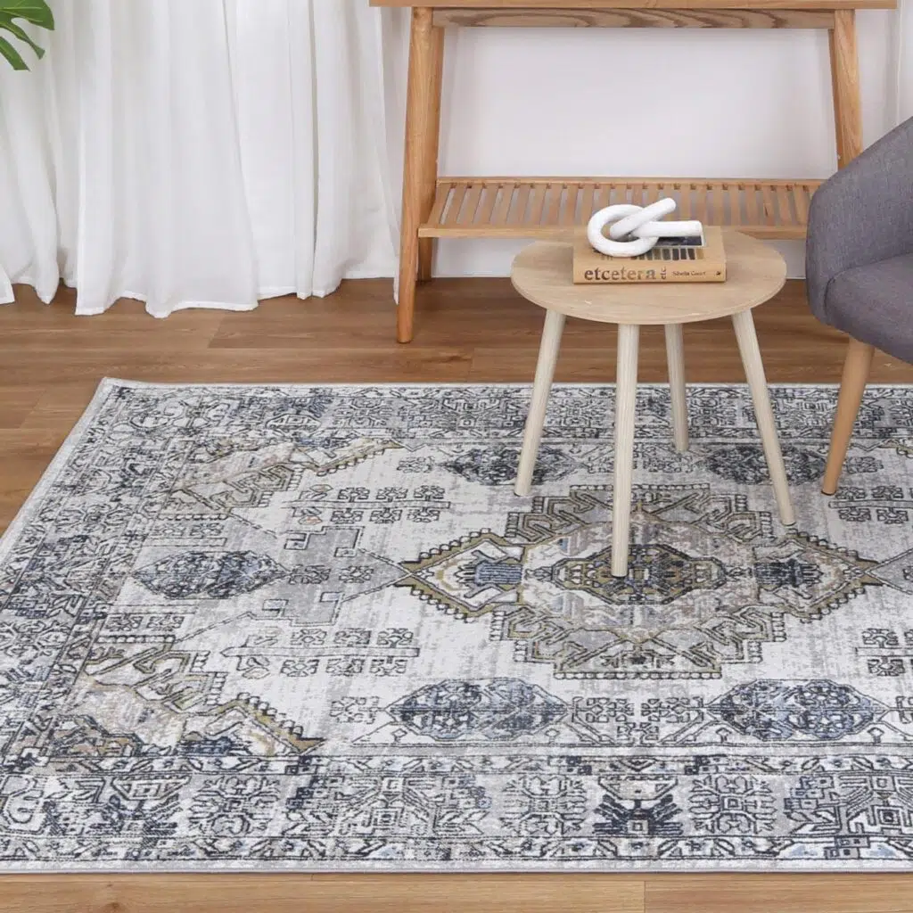 Oporto Taicang Blue & Grey Traditional Soft Rug - Versatile Design with 10mm Pile, Premium Polyester Craftsmanship