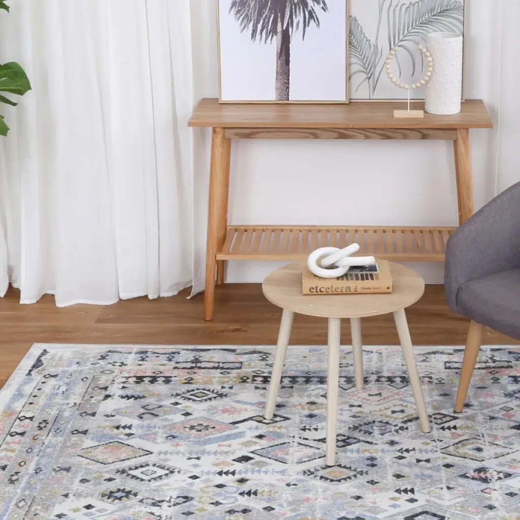 Oporto Colombo Multi Tribal Soft Rug featuring transitional distressed designs and contemporary abstract patterns in neutral tones with luxurious velvety texture ideal for modern coastal or bohemian interiors