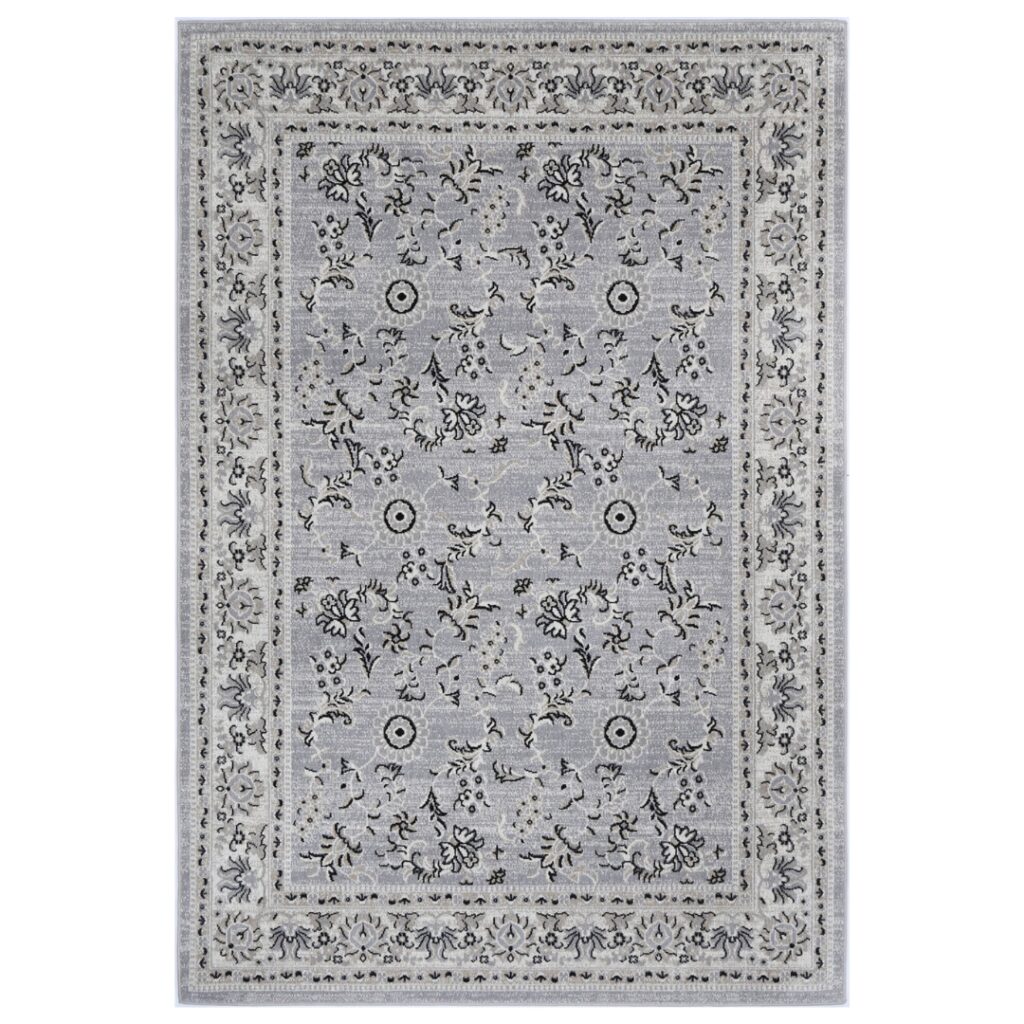 Elegant distressed transitional rug with neutral tones and muted blues, ideal for modern interiors.