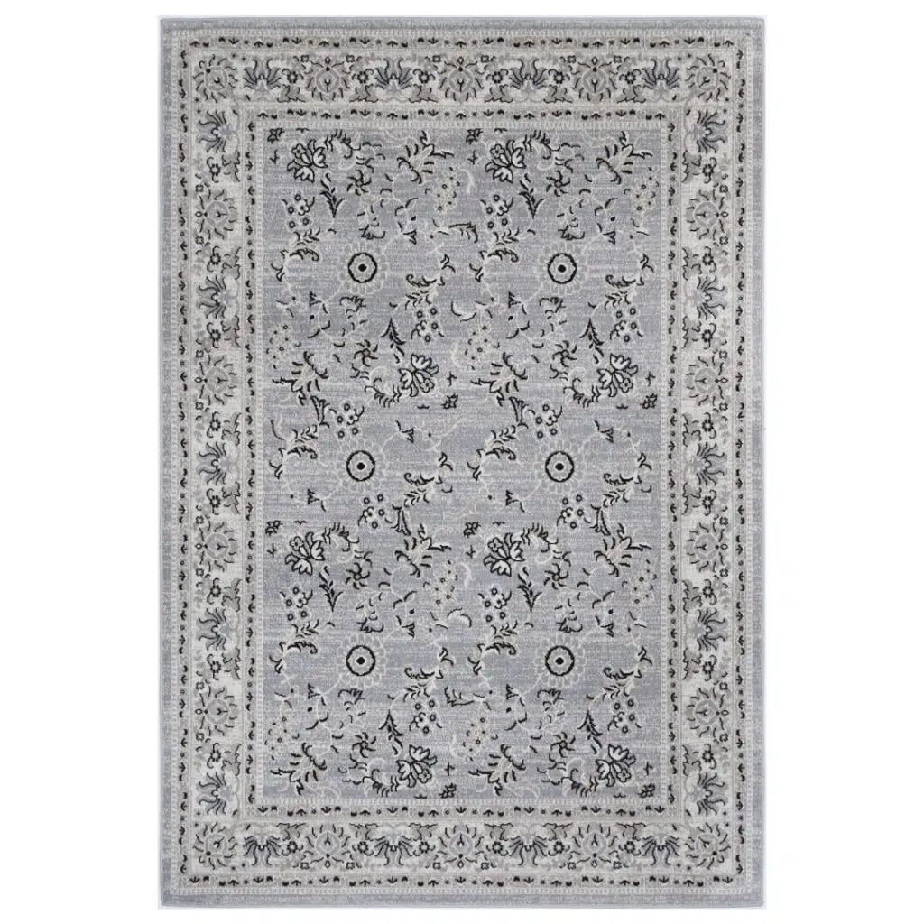 Elegant distressed transitional rug with neutral tones and muted blues, ideal for modern interiors.