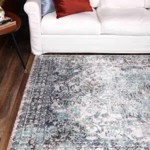 Ivory and blue transitional rug perfect for any space with soft 11mm pile height easy maintenance and available in various sizes and shapes