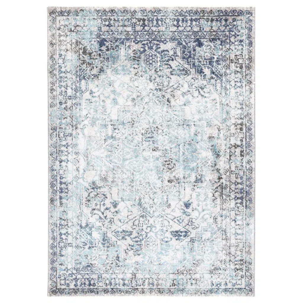 Versatile transitional rug in ivory & blue, made of polypropylene for comfort and durability.