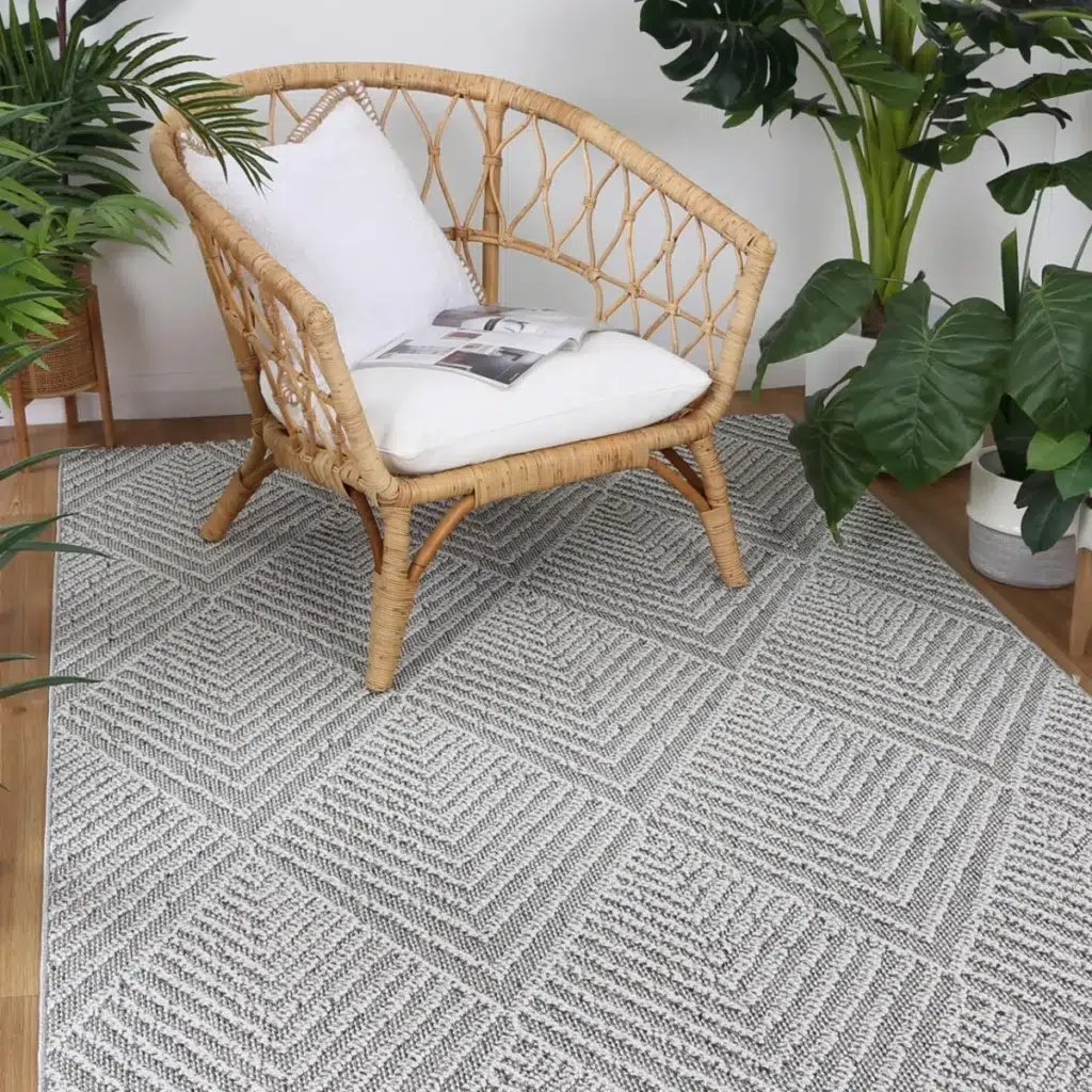 Vanuatu Kini Grey Geometric Flatweave Rug elegant flatwoven design durable heatset polypropylene easy clean multiple sizes available
