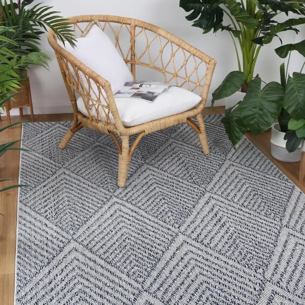 Vanuatu Naka charcoal geometric flatweave rug low maintenance indoor outdoor