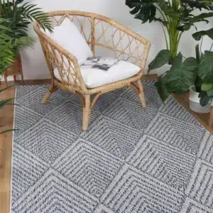 Vanuatu Naka charcoal geometric flatweave rug low maintenance indoor outdoor