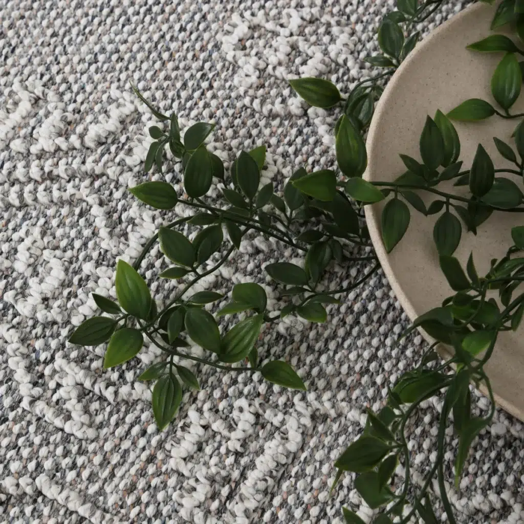 Vanuatu Nori Grey Tribal Flatweave Rug in lounge room