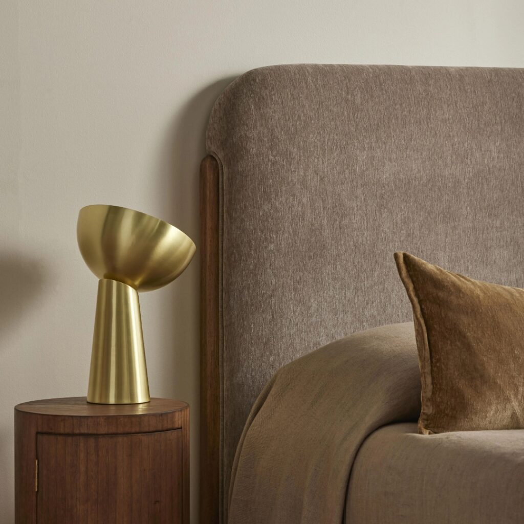 taupe queen bedhead with durable rubberwood and soft padding