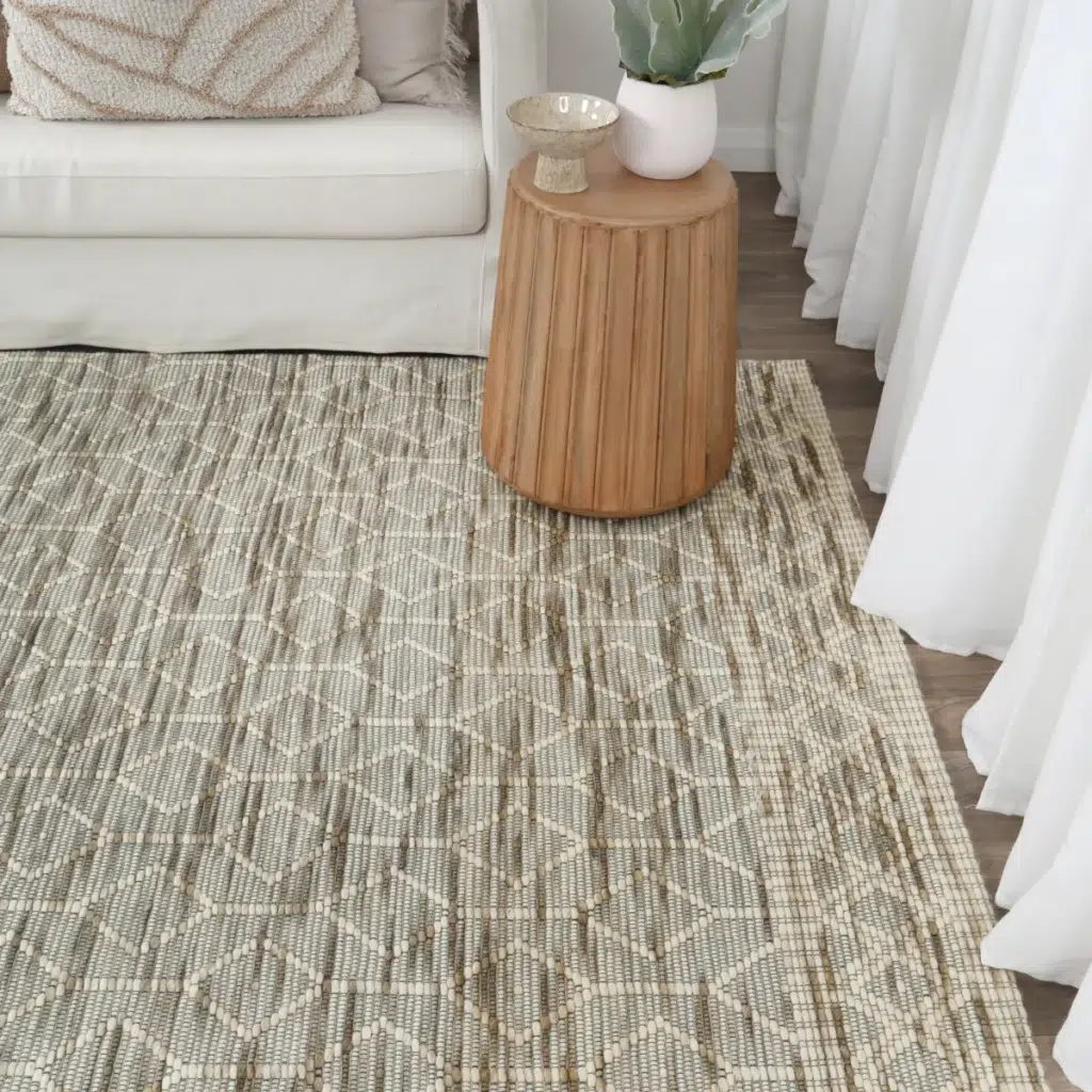 Copacabana lattice moss wool rug handloomed flatwoven textured wool blend neutral tones modern coastal bohemian spaces