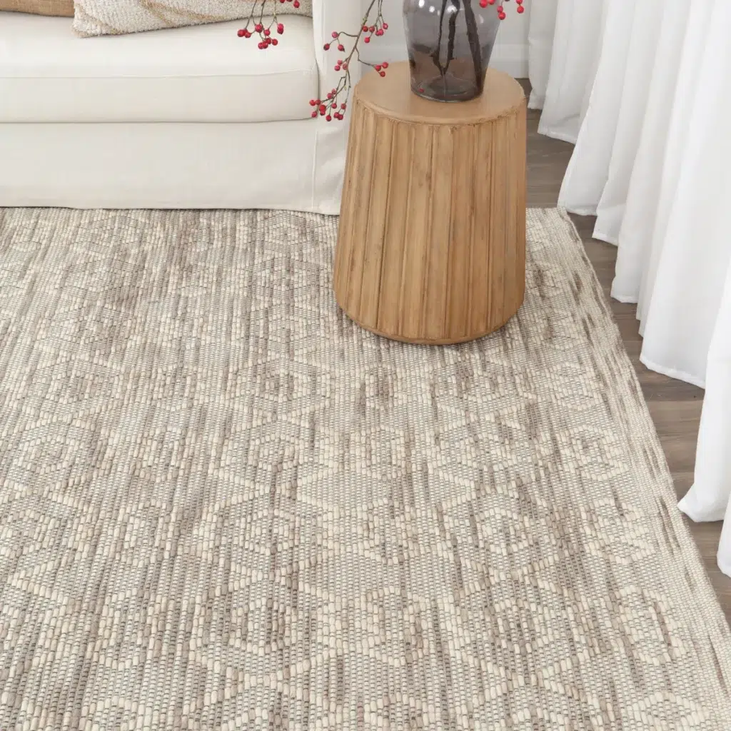 Copacabana Diamond Beige Wool Rug handmade felted wool polyester blend durable cotton canvas backing flatwoven loop pile neutral tones modern tribal coastal bohemian interiors
