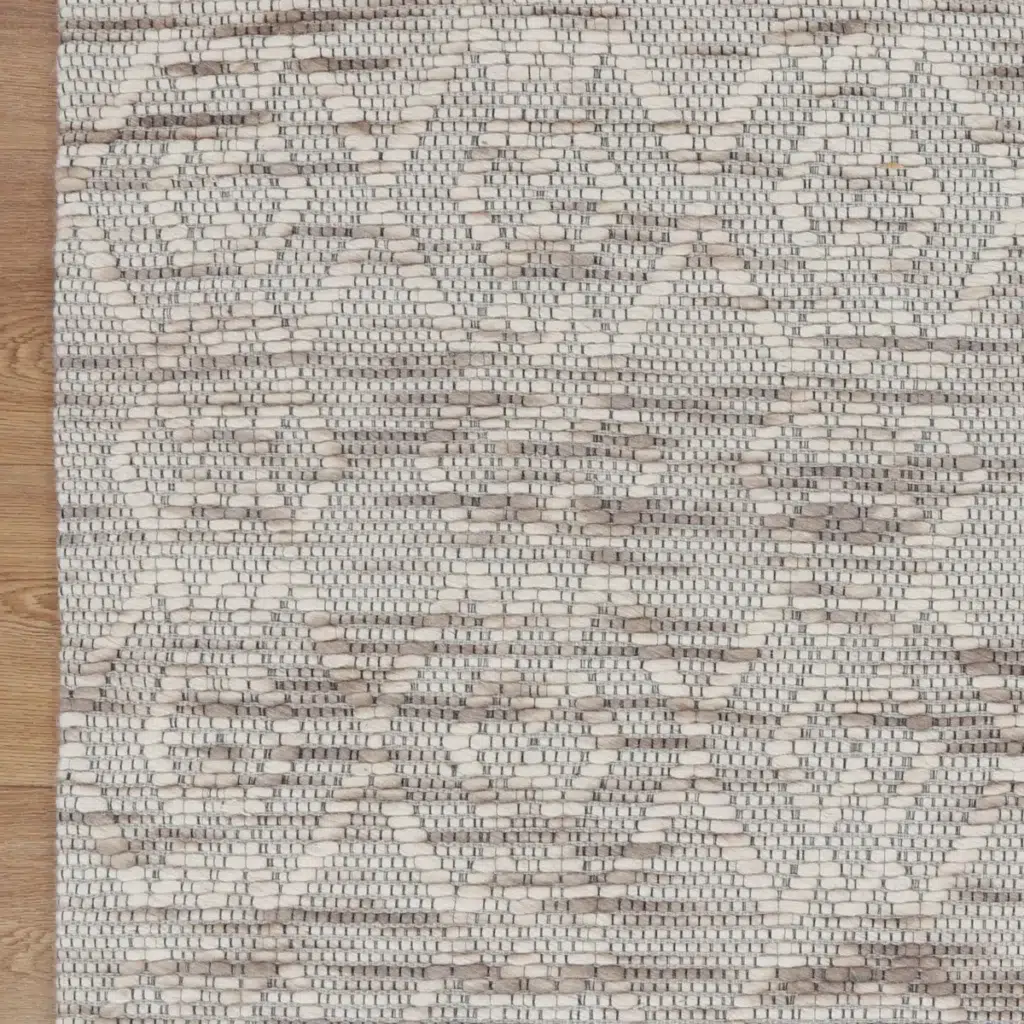 Copacabana Diamond Beige Wool Rug hand loomed soft felted wool polyester blend durable cotton canvas backing flatwoven loop pile music passion neutral tones modern tribal coastal bohemian interiors