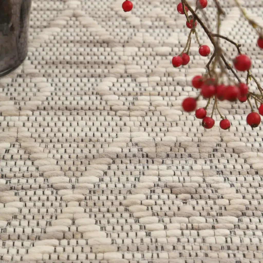 Copacabana Diamond Beige Wool Rug handmade felted wool polyester blend durable cotton canvas backing flatwoven loop pile neutral tones modern tribal coastal bohemian interiors