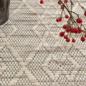 Copacabana Diamond Beige Wool Rug handmade felted wool polyester blend durable cotton canvas backing flatwoven loop pile neutral tones modern tribal coastal bohemian interiors