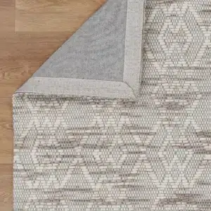 Copacabana Diamond Beige Wool Rug handmade felted wool polyester blend durable cotton canvas backing flatwoven loop pile neutral tones modern tribal coastal bohemian interiors