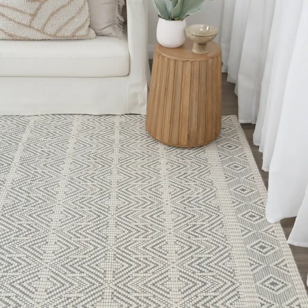 Copacabana Chevron Light Grey Wool Rug handloomed in India perfect for modern bohemian spaces soft durable natural tones craftsmanship elegance sophistication