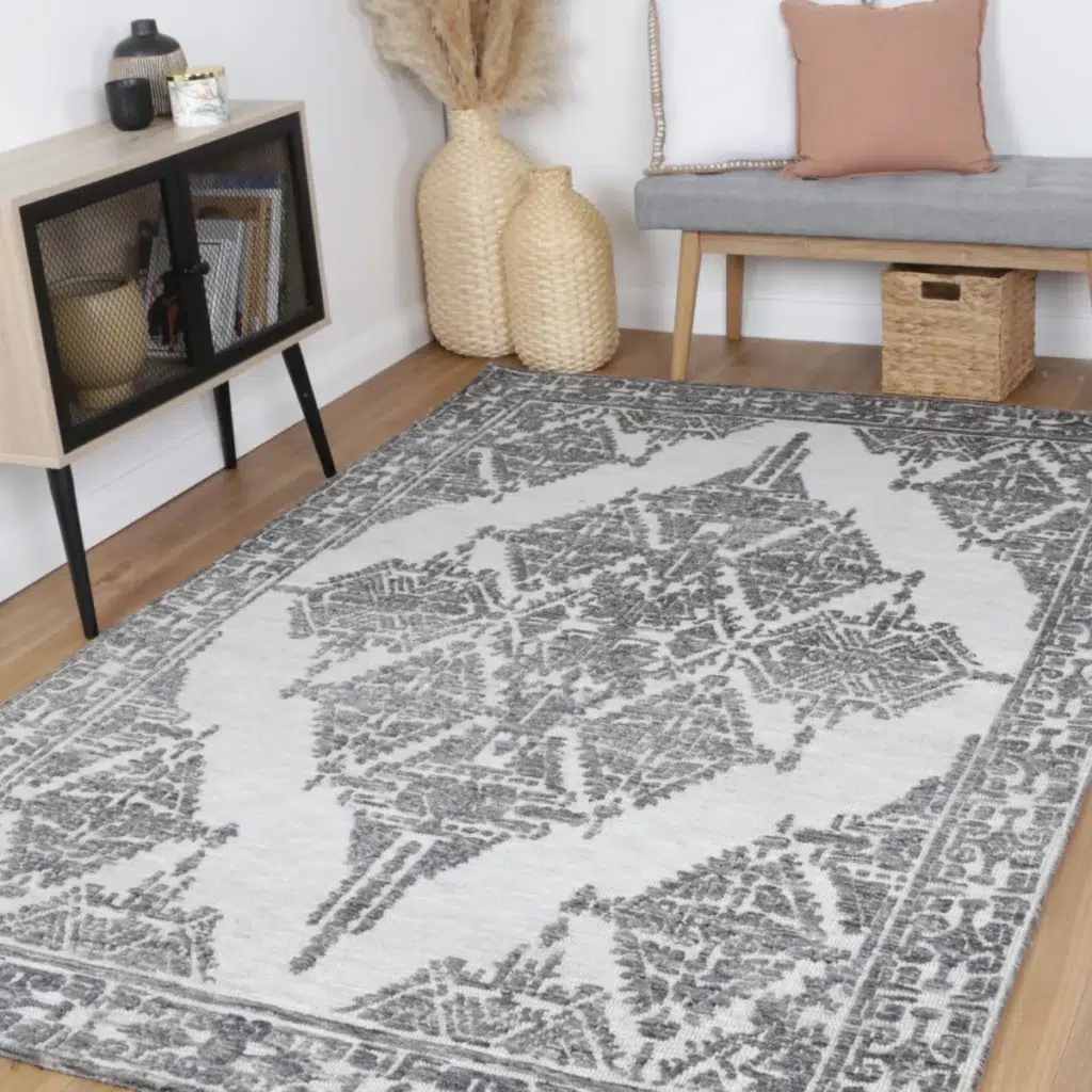 Amritsar Beas grey cotton blend rug with plush polyester surface and geometric accents for timeless style in any home interior