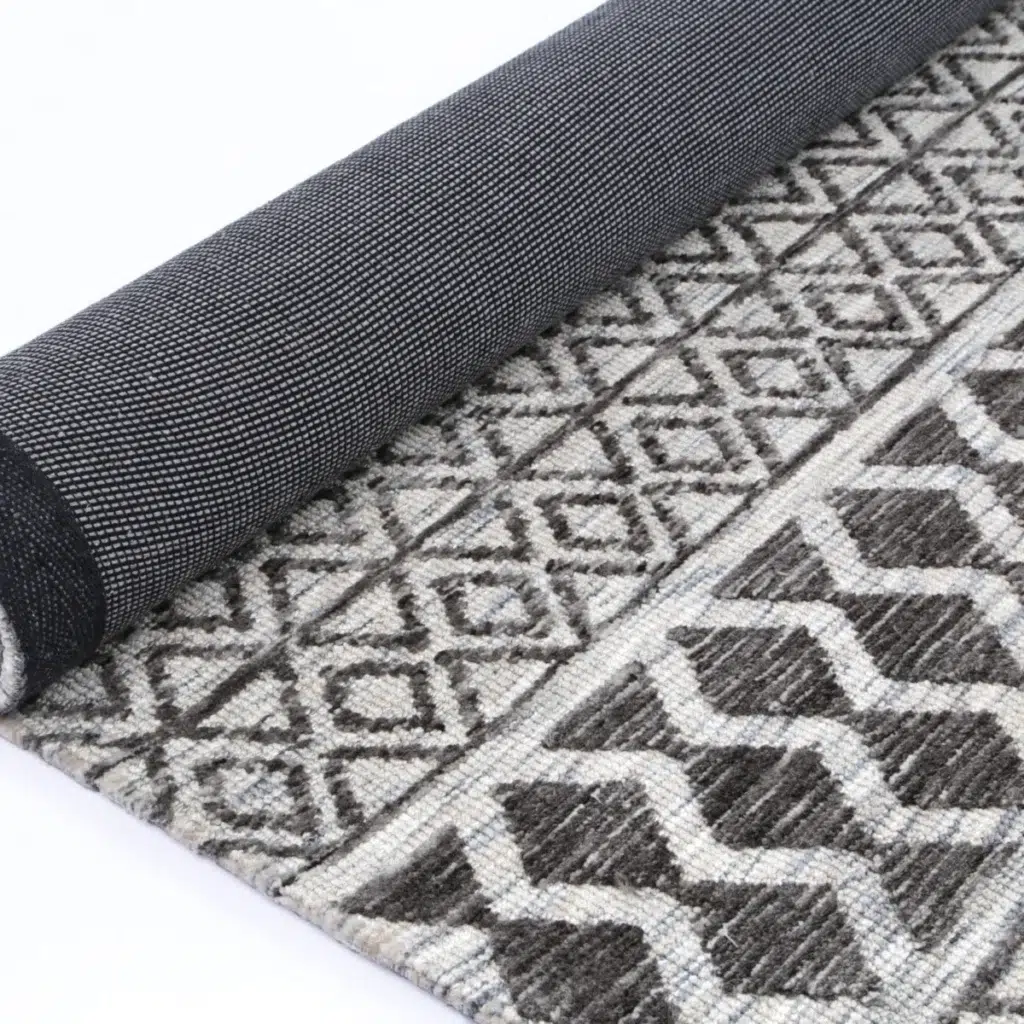 Amritsar Ramdass Grey Cotton Blend Rug geometric pattern soft durable handmade in India modern interior design element