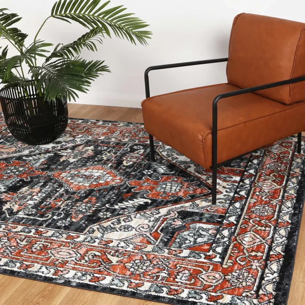 Estate Leoplda Traditional Black Rug elegant mayan inspired design durable anti static shed free fibers soft underfoot perfect for high traffic areas modern color palette adds sophistication to any room