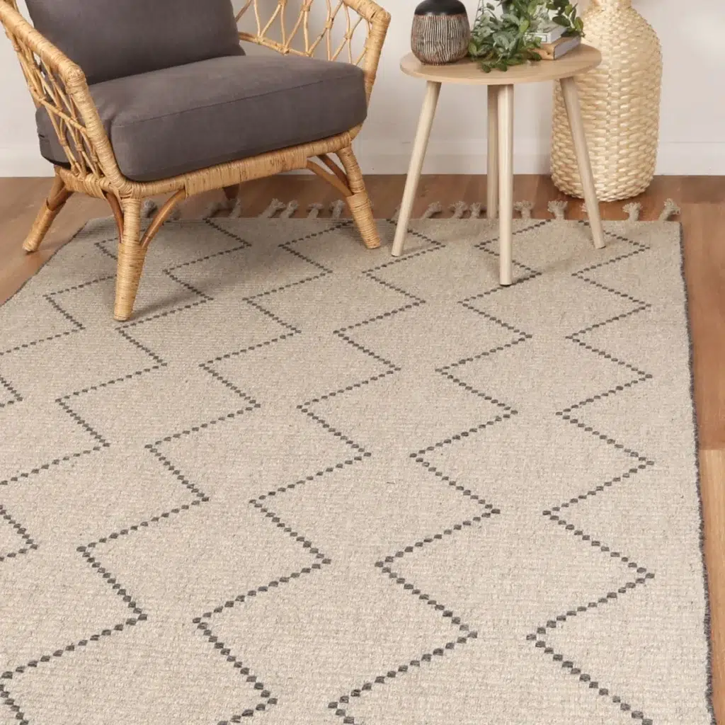 Handcrafted Goa Zig-Zag Wool Blend Ash Rug adds warmth and texture to any room ideal for living rooms bedrooms and dining areas