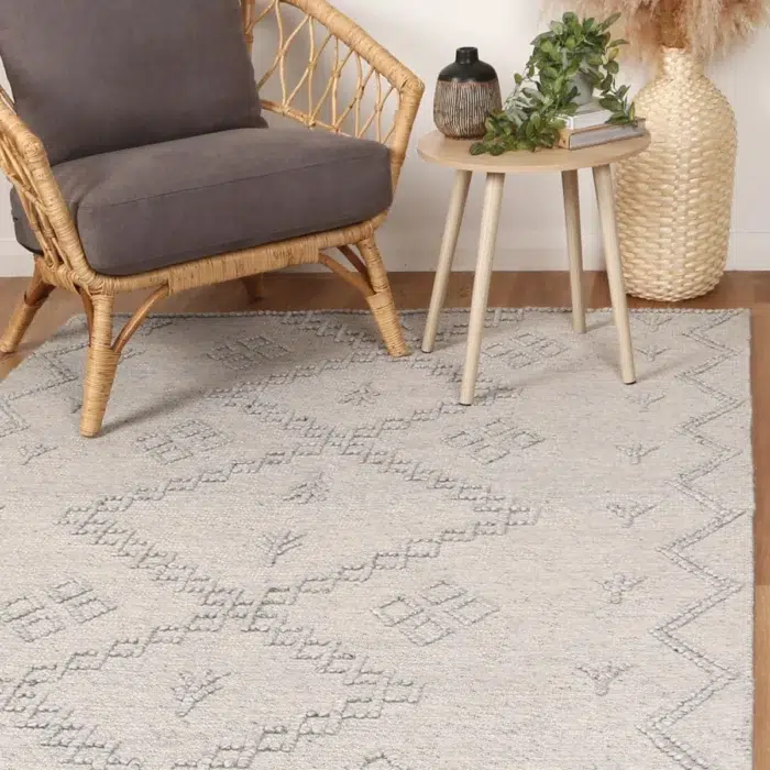 Hand tufted Goa Aztec wool blend grey rug no tassel enhances home decor with luxurious feel and timeless design
