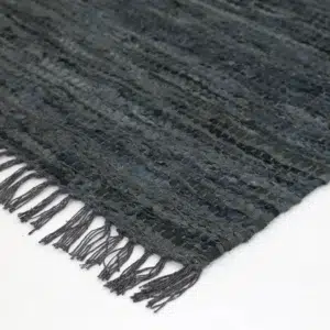 Timeless Gypsy Grey Leather Chindi Rug adds elegance to any room with handcrafted woven leather durability and unique patina