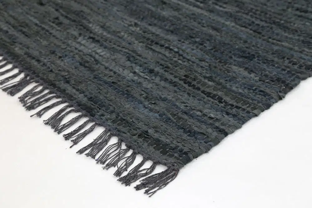 Timeless Gypsy Grey Leather Chindi Rug adds elegance to any room with handcrafted woven leather durability and unique patina