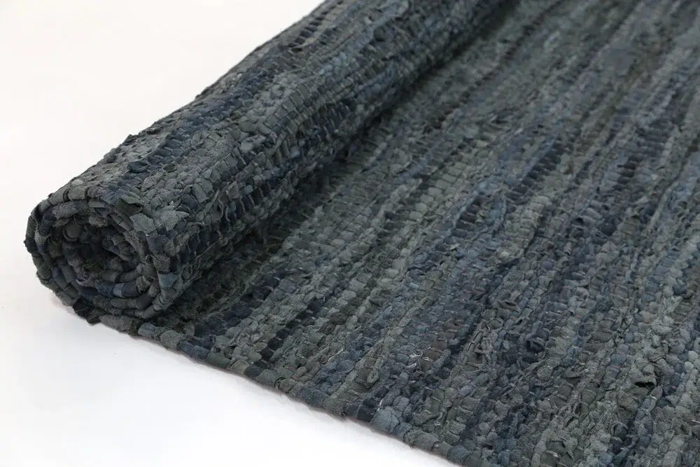 Timeless Gypsy Grey Leather Chindi Rug handcrafted in India adds elegant texture to any room