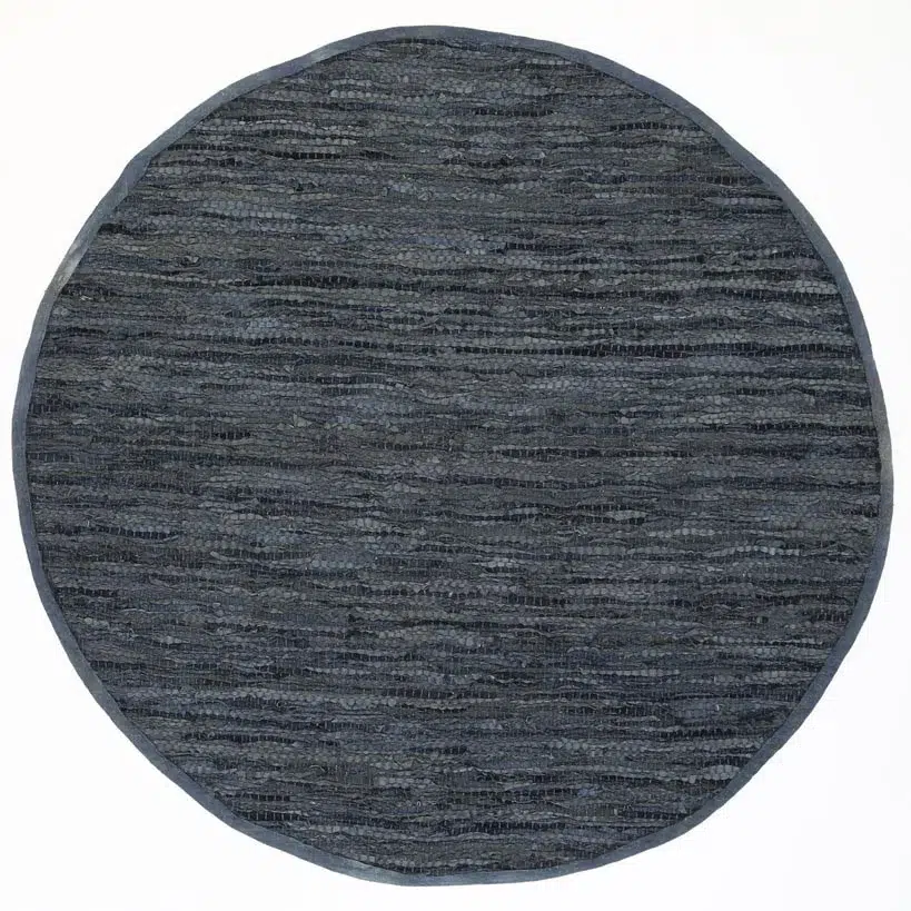 Timeless Gypsy Grey Leather Chindi Round Rug adds elegant charm to any space durable handcrafted flatweave design