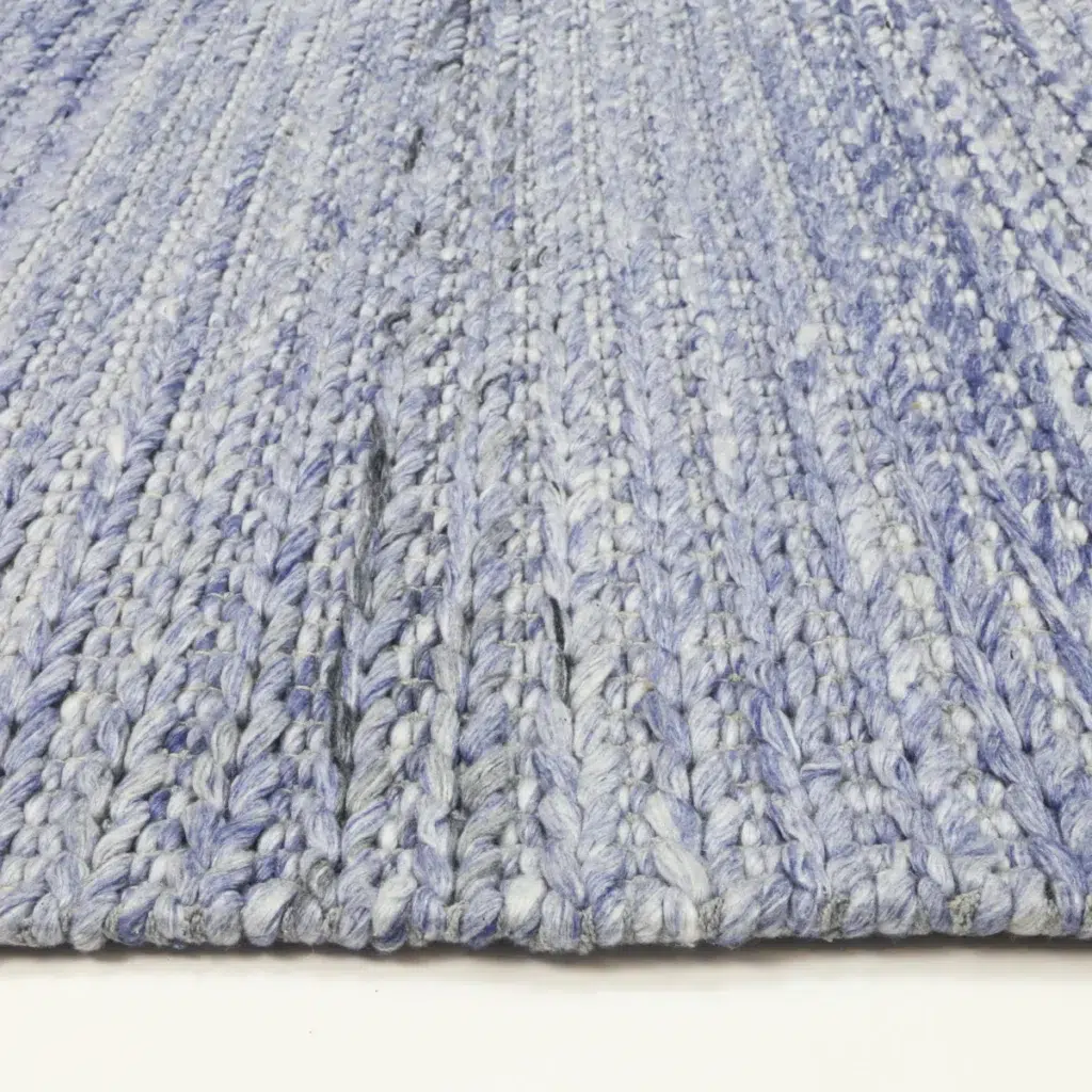 Harlow Cue Blue Wool Blend Rug soft cozy texture elegant neutral tones versatile sizes hand loomed craftsmanship