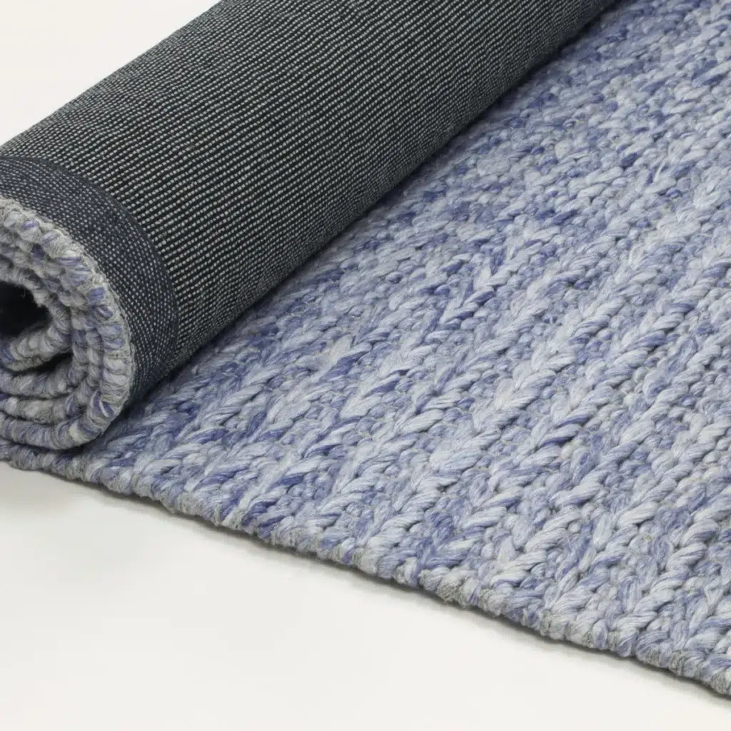 Harlow Cue Blue Wool Blend Rug soft cozy texture elegant neutral tones versatile sizes hand loomed premium quality