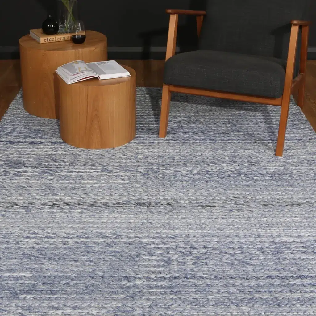 Harlow Cue Blue Wool Blend Rug soft cozy texture elegant neutral tones hand loomed durable pile adds warmth to any room