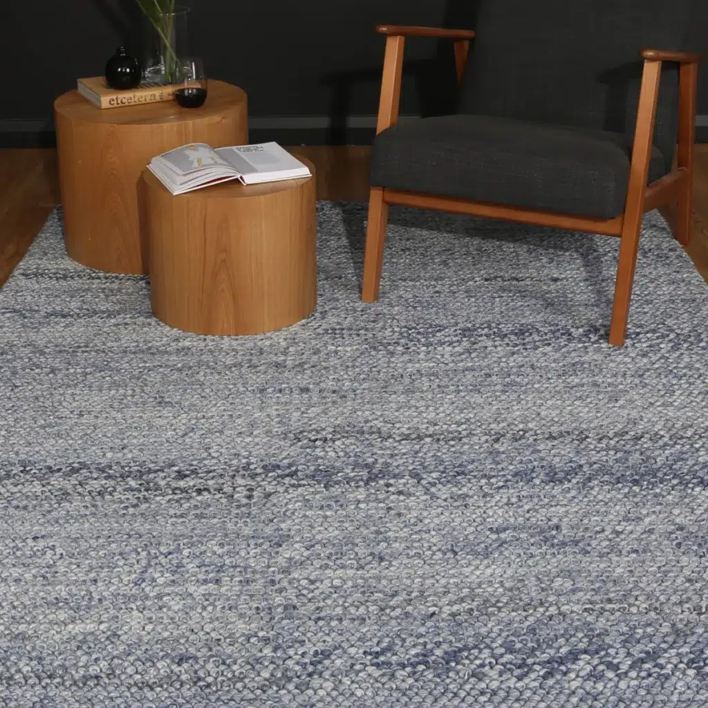 Harlow Loopy Blue Wool Blend Rug soft cozy underfoot versatile neutral color palette hand loomed craftsmanship