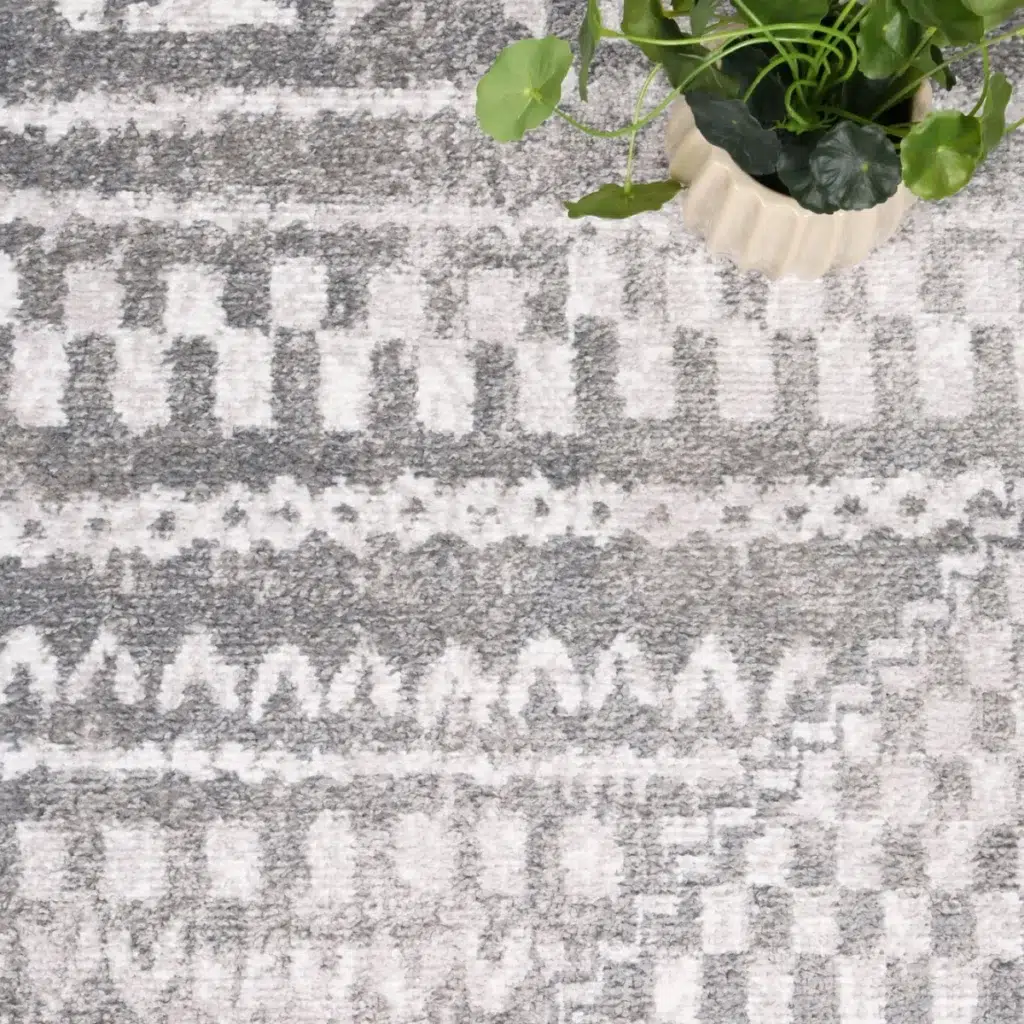 Kimberley Aztec Grey Contemporary Rug adds elegance and functionality to any room with durable easy-to-clean materials perfect for high traffic areas