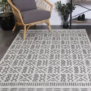 Timeless Marbella Cordoba Grey Contemporary Rug blends modern tribal coastal bohemian elements soft durable handmade artistry印度制造的手工艺术，柔软耐用。