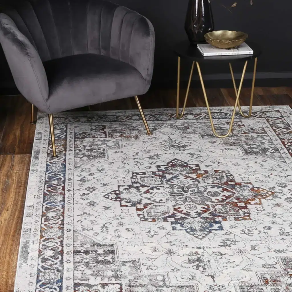 Global inspired Porto Camila grey blue traditional rug enhances any decor