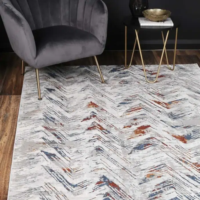 Global inspired geometric rug in grey multi color modern living room decor durable easy clean porto oskar