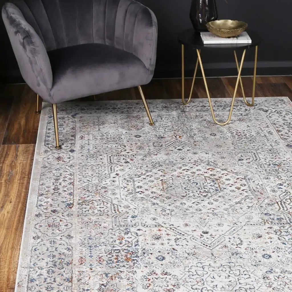 Global inspired traditional grey blue rug Porto Aurora durable easy maintain