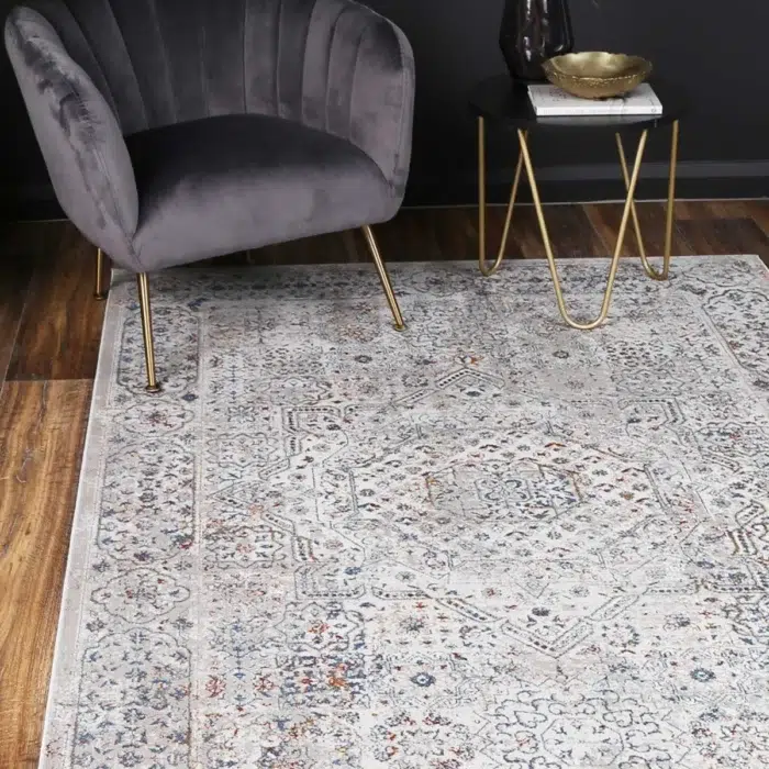Global inspired traditional grey blue rug Porto Aurora durable easy maintain