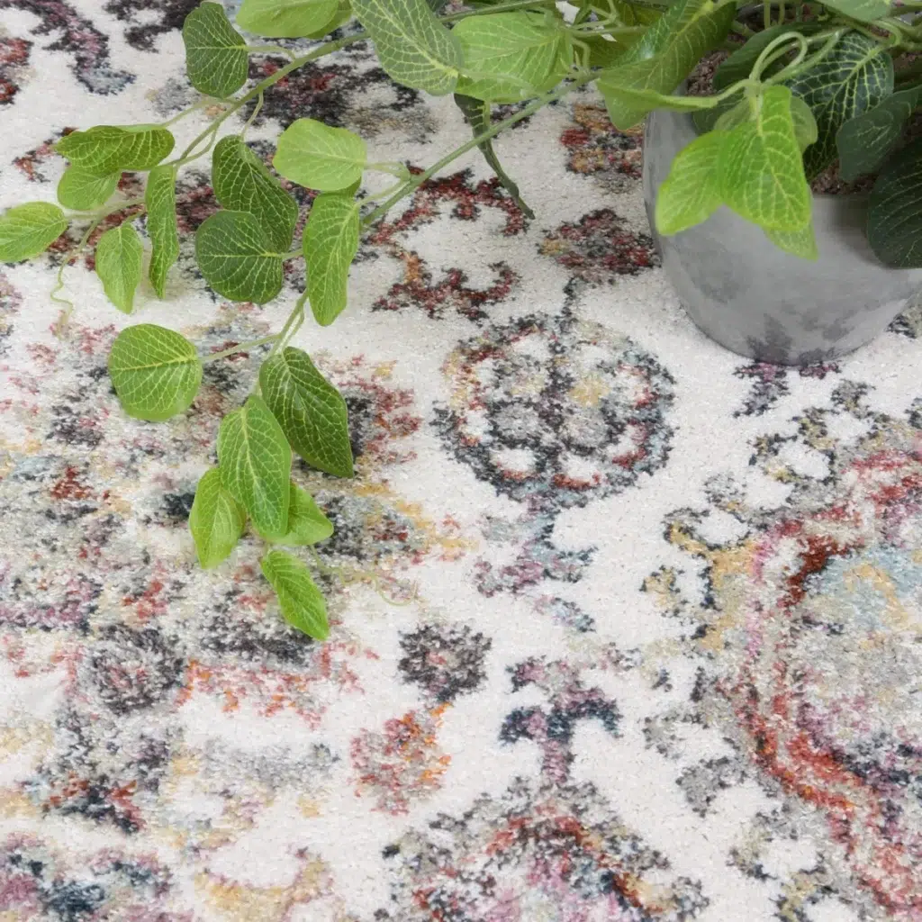 Soft pastel Santa Fe Camino Border Cream Rug adds cozy elegance to any room with durable high quality synthetic fibers perfect for homes with kids and pets