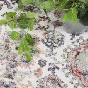 Soft pastel Santa Fe Camino Border Cream Rug adds cozy elegance to any room with durable high quality synthetic fibers perfect for homes with kids and pets