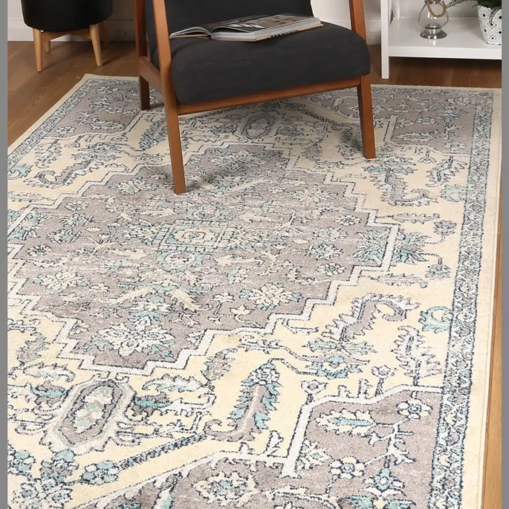 Timeless elegance luxurious Sicily Avola grey blue transitional rug vibrant colors sophisticated design durable low maintenance