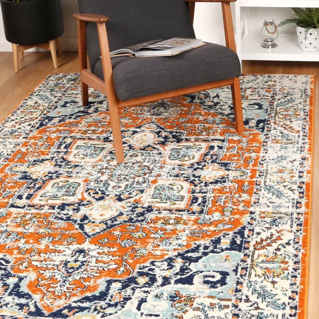 Luxurious Sicily Messina Orange Blue Transitional Rug adds vibrant elegance to any room