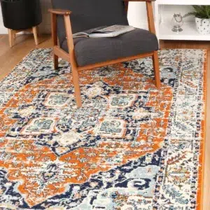 Luxurious Sicily Messina Orange Blue Transitional Rug adds vibrant elegance to any room