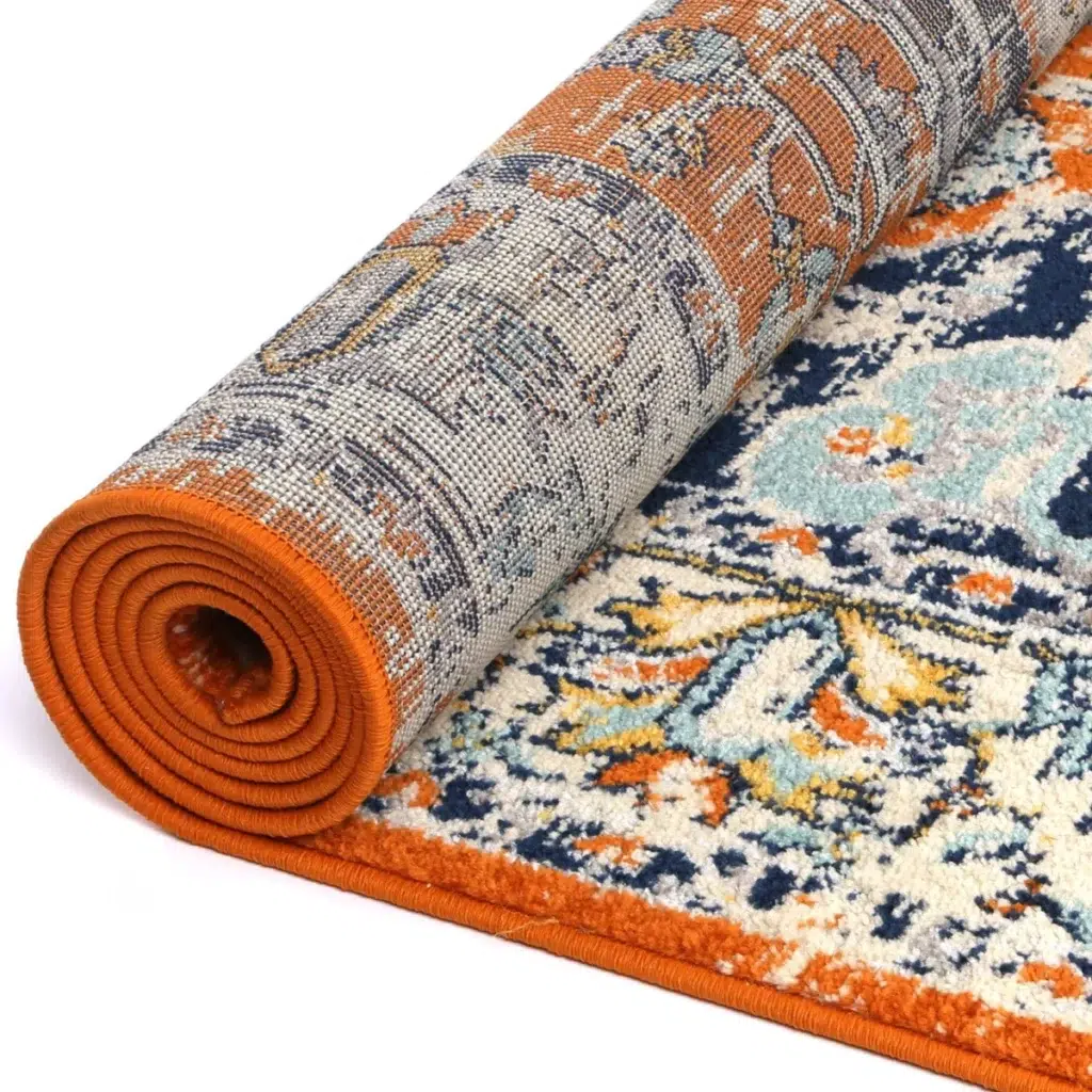 Luxurious Sicily Messina Orange Blue Transitional Rug elegant design vibrant colors durable construction