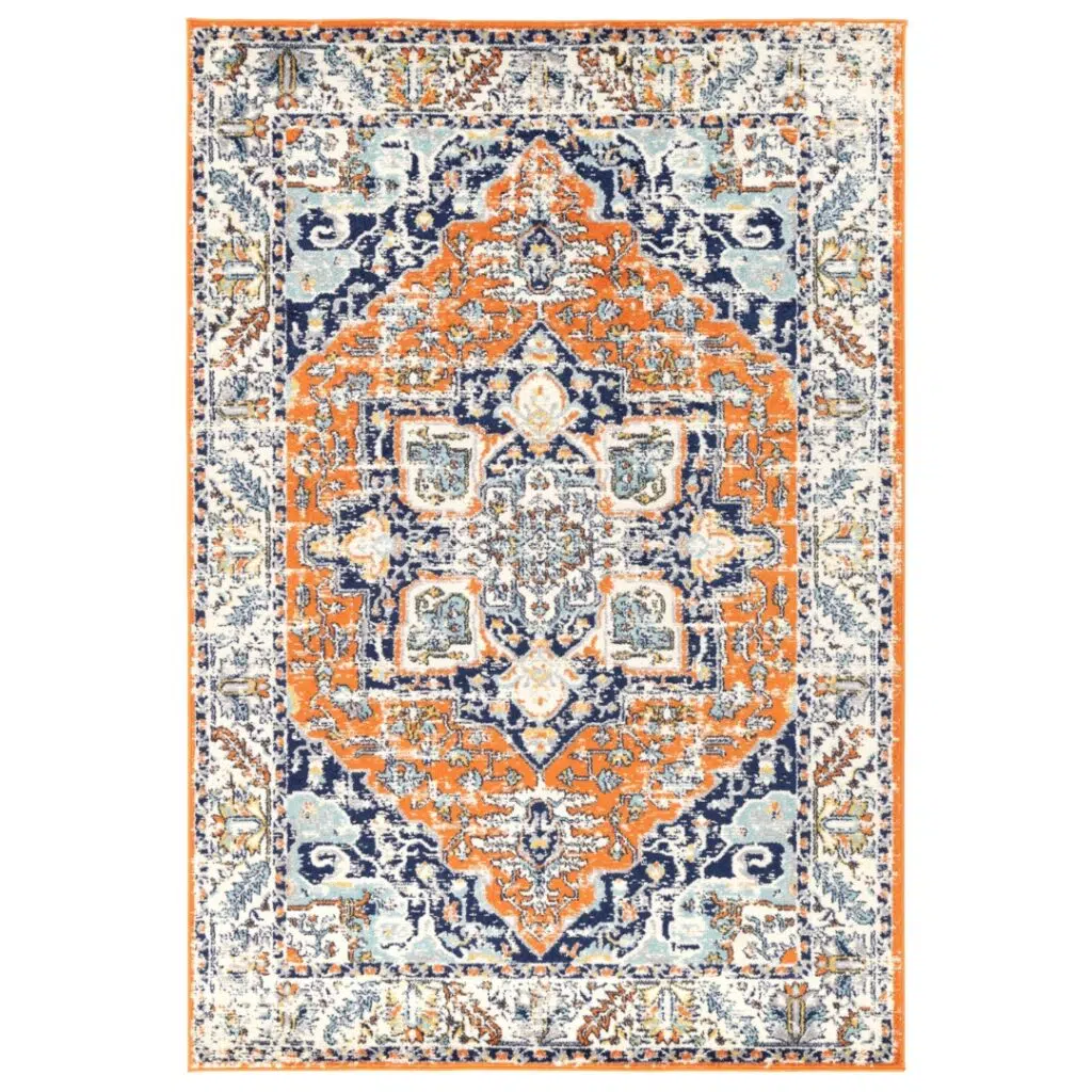 Sicily Messina Orange Blue Transitional Rug luxurious colors nostalgic designs durable polypropylene pile modern living rooms high traffic areas