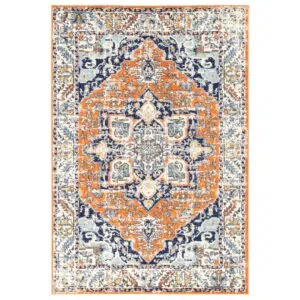 Sicily Messina Orange Blue Transitional Rug luxurious colors nostalgic designs durable polypropylene pile modern living rooms high traffic areas