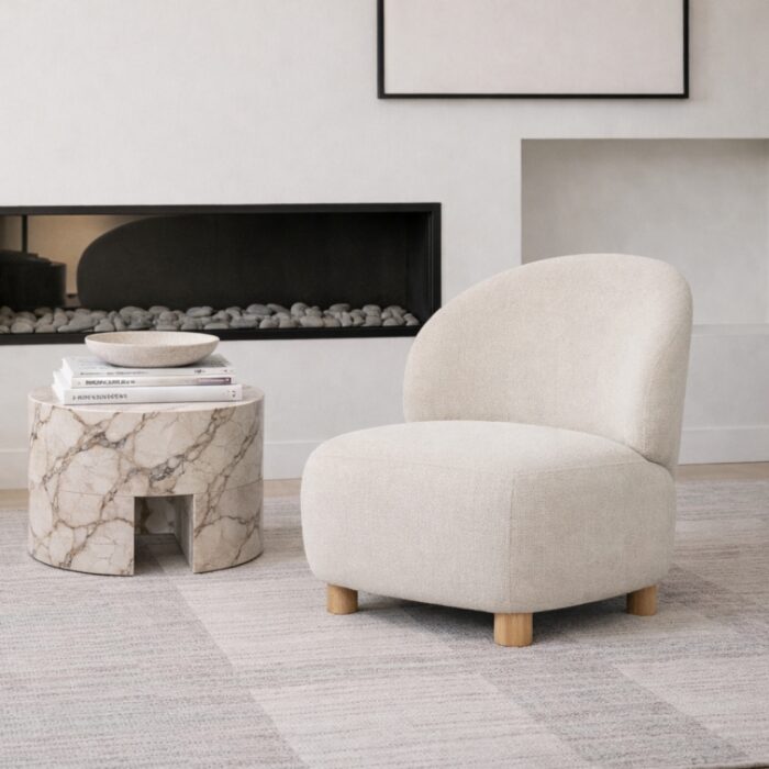 Beige Coco Accent Chair with sculptural design and wood legs