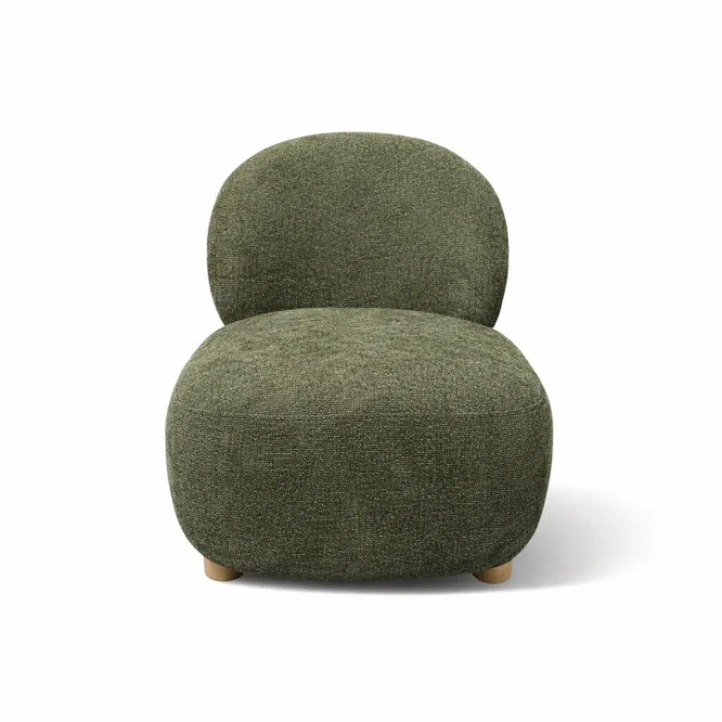 Green Coco Accent Chair with sculptural design and wood legs