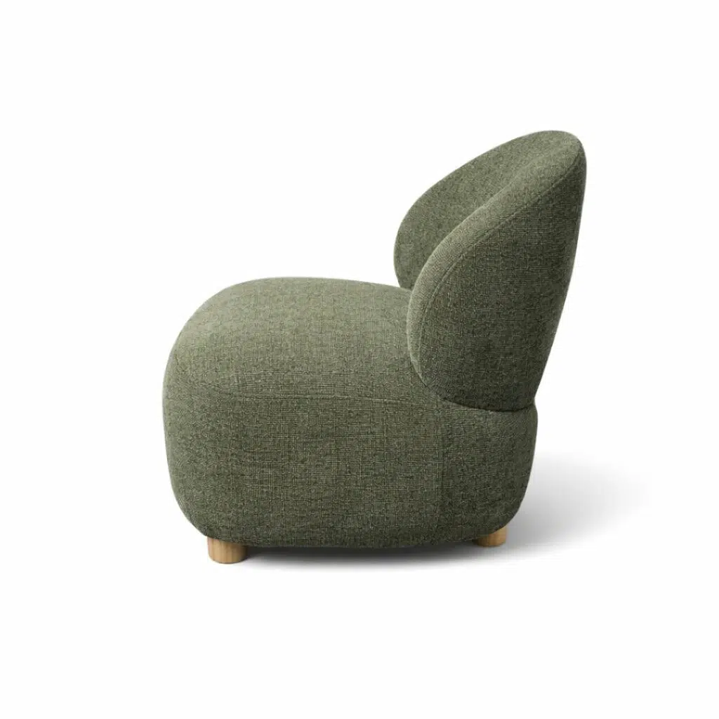 Green Coco Accent Chair with sculptural design and wood legs