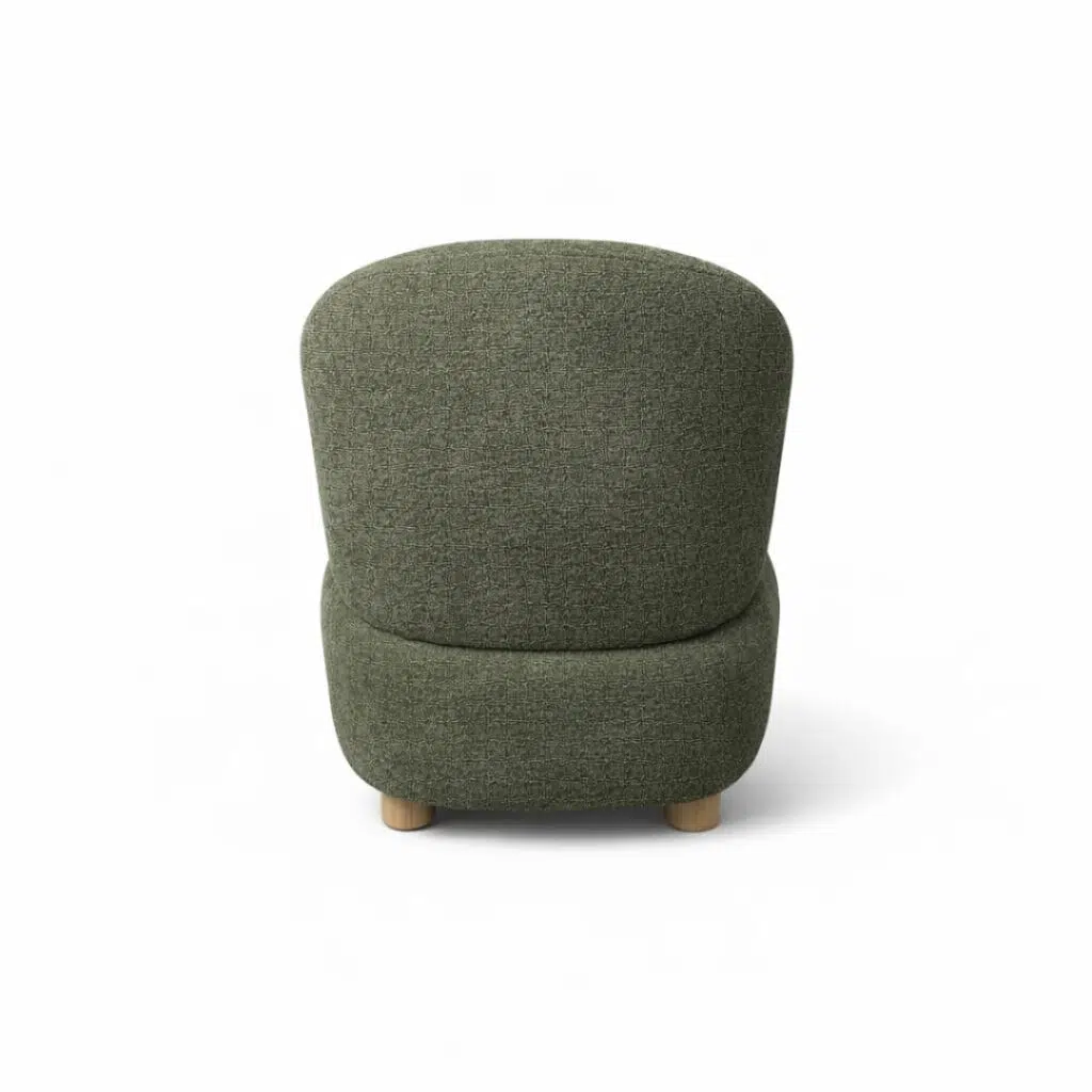 Green Coco Accent Chair with sculptural design and wood legs